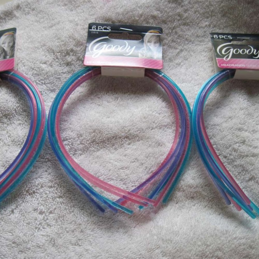 6 Goody Girls Skinny Thin Plastic Glittery Pastel Head Bands Purple Pink Blue